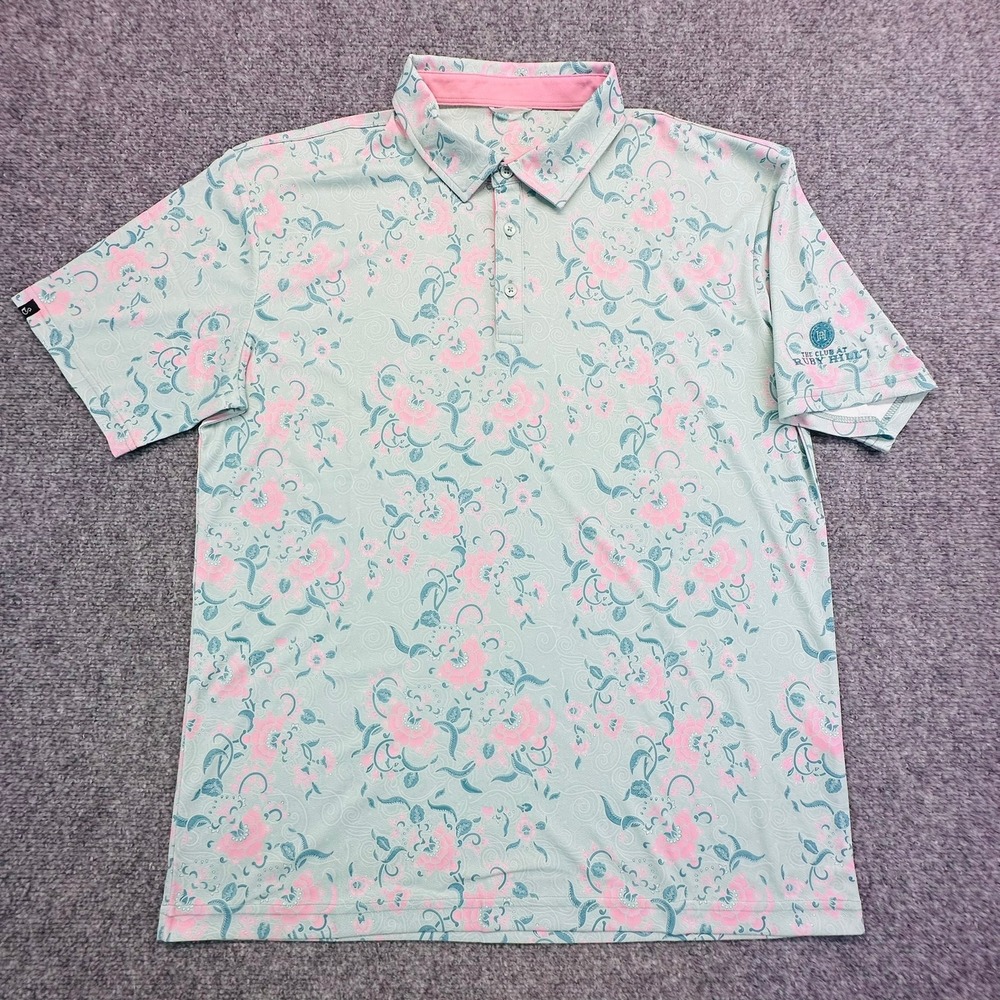 Swannies Polo Shirt Mens Large‎ Green Pink Floral Ruby Hill Golf Performance Tee